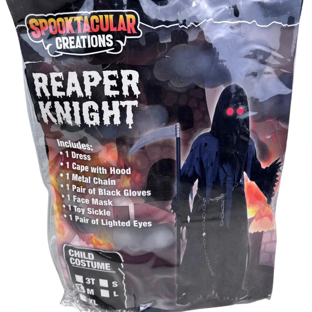 NEW Reaper Knight 7 Pc Dress Cape Sickle Lighted Eyes Gloves Belt Unisex Sz M
